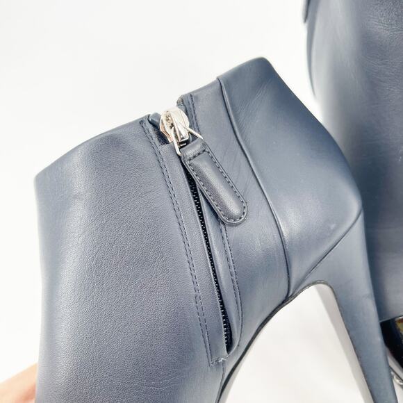 Chanel EU 38 Navy Leather Ankle Boots Patent Cap Toe Chain Platform Booties - Picture 8 of 14